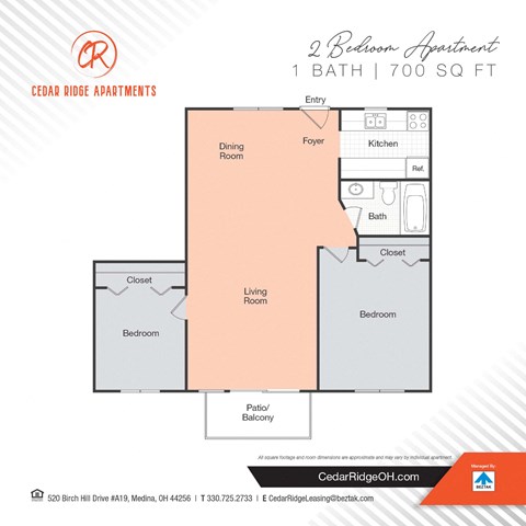 Floor plan for 2 beds, 1 bath, 700 sqft